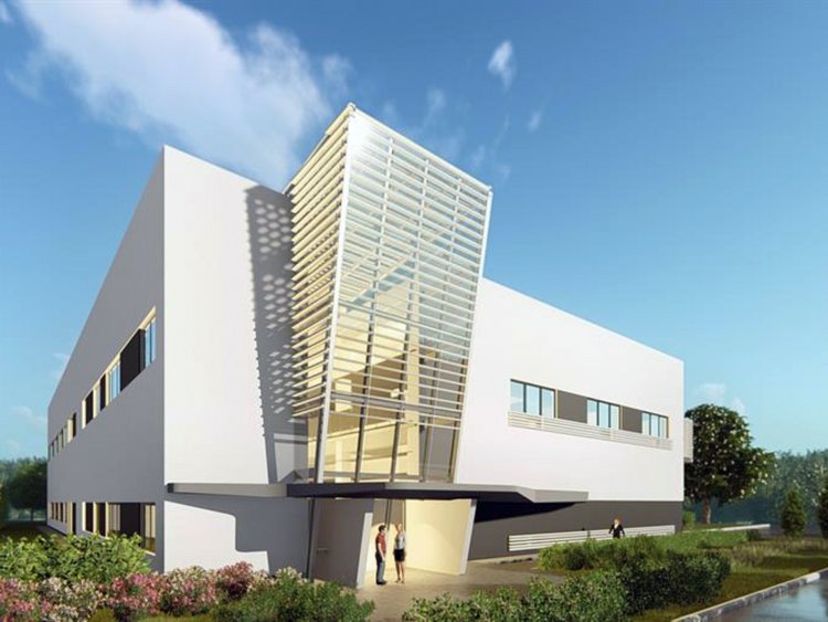 Visualisation: building in modern architecture with two floors and a glass tower surrounded by green areas; a car on the street on the right