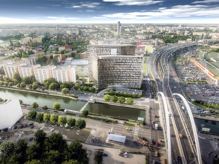 Rendering: Hochmodernes Bürogebäude an einem Fluss gelegen, das die Stadt Bukarest überragt