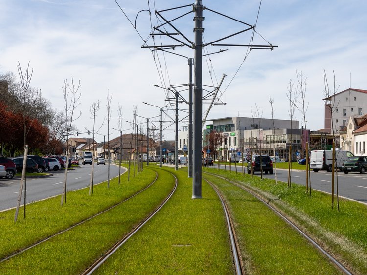Șine de tramvai pe o zonă verde. Stâlpi pentru linii aeriene. Două benzi de circulație pentru autovehicule de o parte și de alta a zonei verzi. 